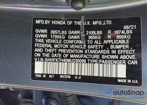 2021 Honda Civic Sport из США, поврежденный, VIN SHHFK7H40MU230096